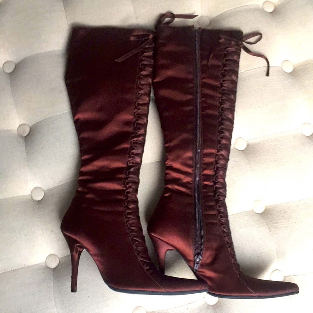 Brown Satin knee-high Dress Boots Handmade Sz 6